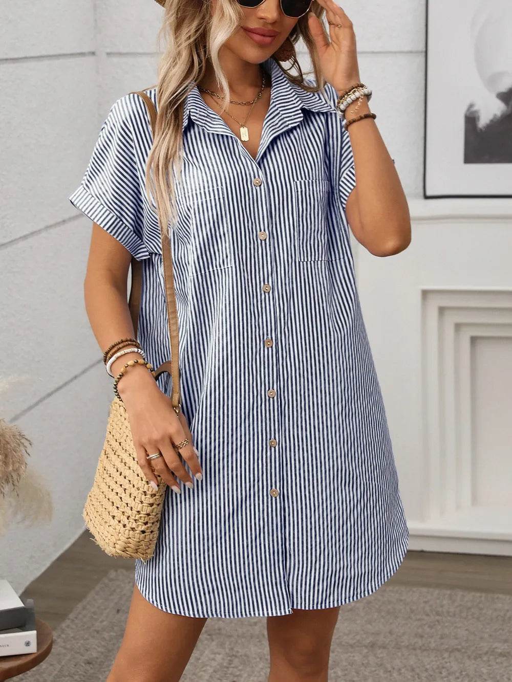 Striped Button Down Short Sleeve Mini Dress Trendsi 63c515ab-5d4c-4ba3-a9ff-d1ad3bebf4bf-Max