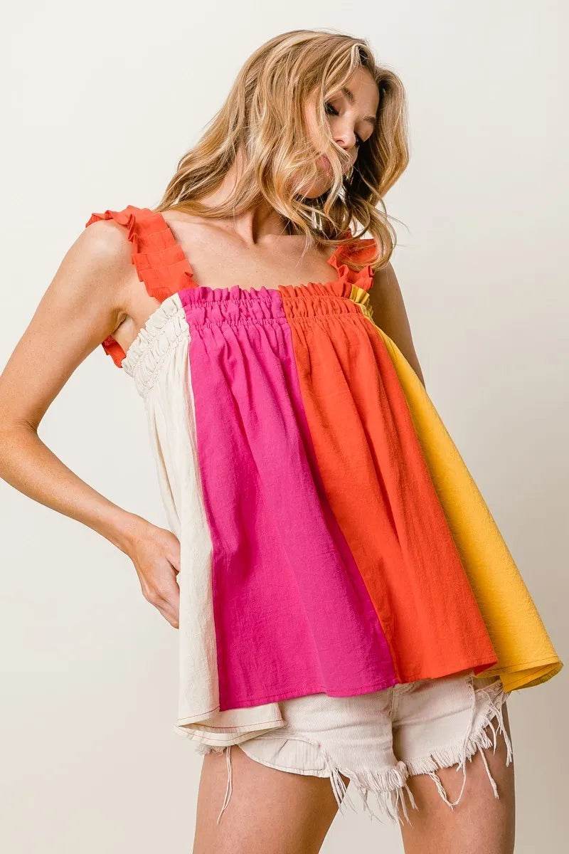 BiBi Frill Shoulder Strap Color Block Bodice Top Trendsi 63c6a2cd45a042f69afbd606c4c867cf-Max-Origin