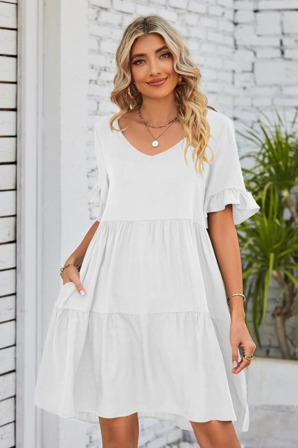 Mandy V-Neck Flounce Sleeve Tiered Dress White Trendsi 63d1fa7a5beb412880ea594c54f20a16-Max