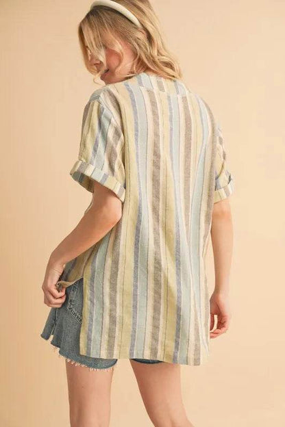 Aemi+Co Side Slit Striped Short Sleeve Blouse Trendsi 63e48b548cba45238e1d070e524904ed-Max-Origin