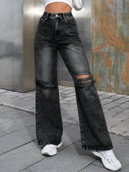 Distressed Wide Leg Jeans with Pockets Dark Gray Trendsi 64154e55-bd62-489e-a65c-541c09b9927c-Max