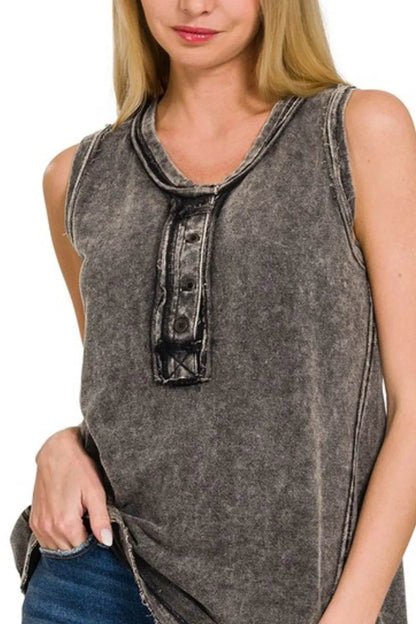 Zenana Washed Half-Button Raw Edge Sleeveless Henley Top Trendsi 642eaeb8-15bc-4ddc-81fc-5260caba7acf-Max-Origin