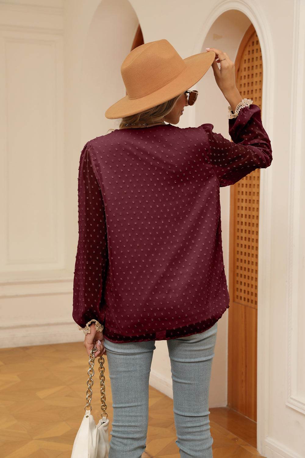 Swiss Dot Contrast V-Neck Blouse Trendsi 643a83dd93c047fe935f5cfcd93814ef-Max