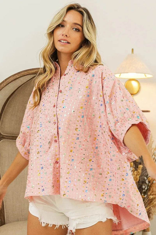 BiBi Sequin Striped Short Dolman Sleeve Blouse Trendsi 64550273bfd141779cfabf8556631180-Max-Origin
