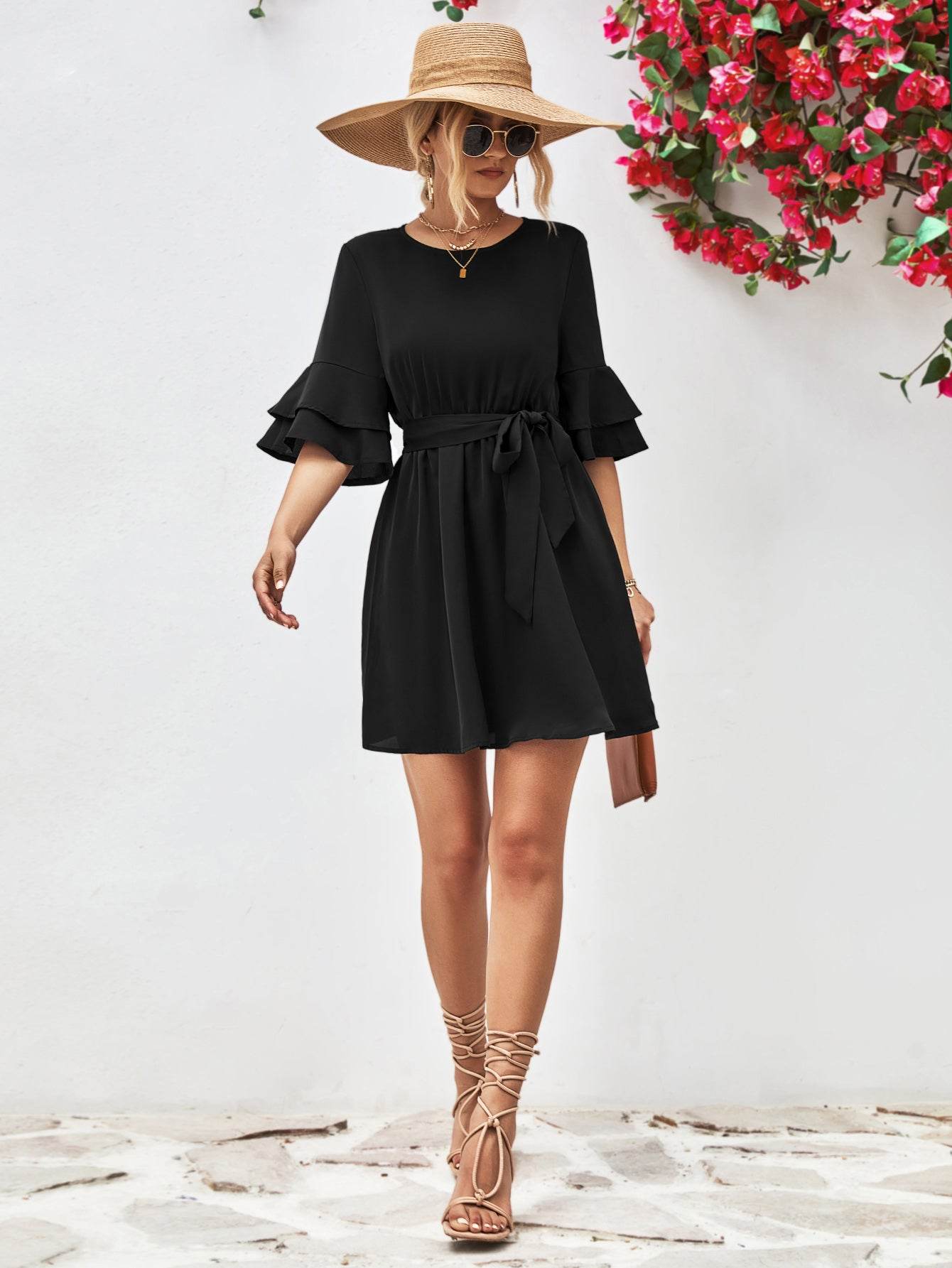 Round Neck Tie Belt Flounce Sleeve Dress Trendsi 6476f4532a644b31b30fc411cc2fec4e-Max