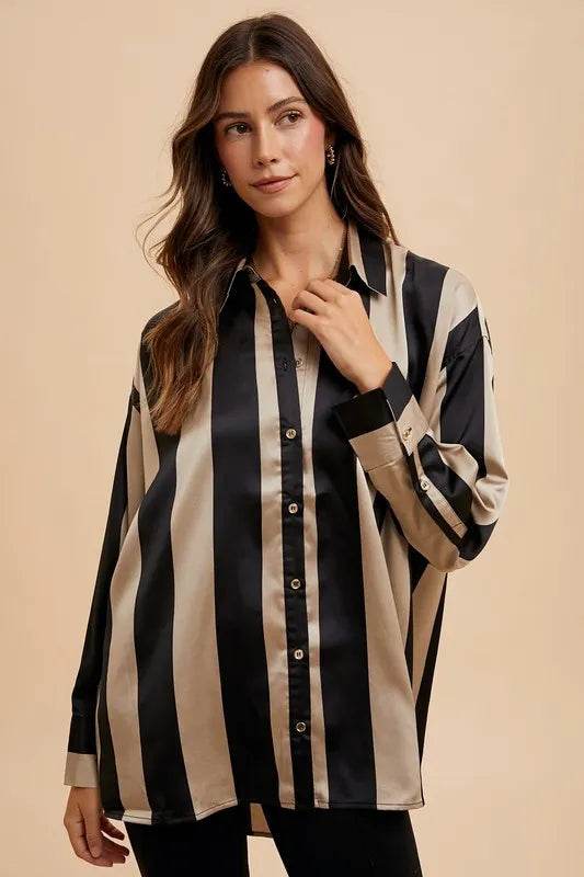 Annie Wear Striped Dropped Shoulder Button Up Shirt Black Khaki Trendsi 64b0f563-13dd-4028-ad73-ee07ccfed62c-Max