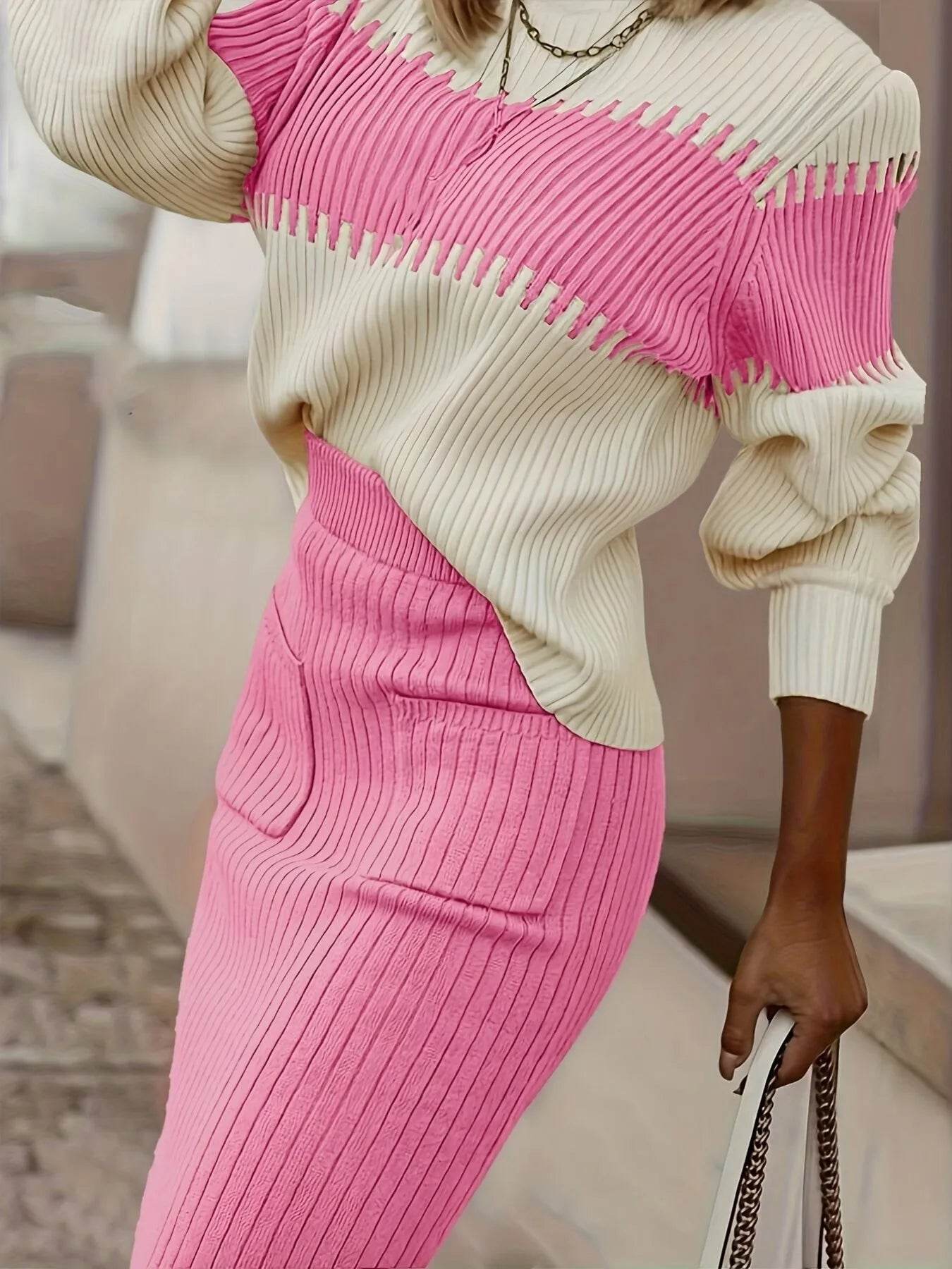 Two-Tone Ribbed Knit Top and Skirt Sweater Set Trendsi 64cff653404a47998b5b342f2d0c8b2a-Max-Origin