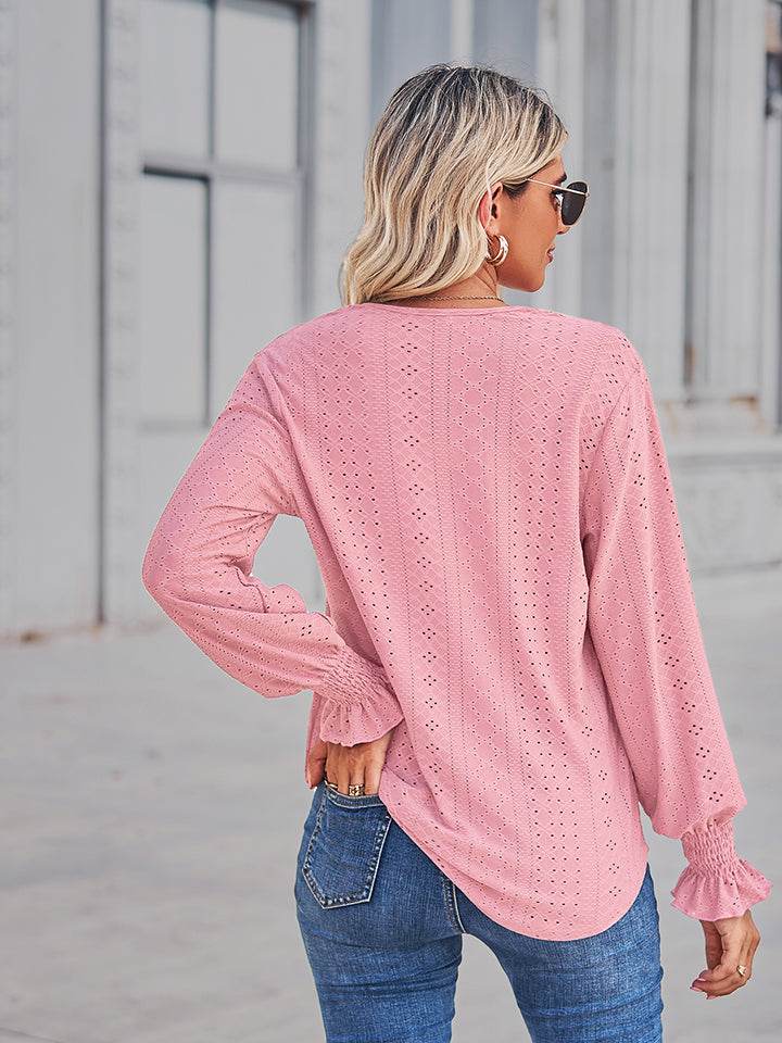 V-Neck Eyelet Flounce Sleeve Blouse Trendsi 64d879e4d3b642839eb31e50a27fe1b8-Max