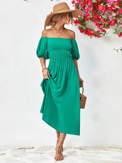 Off-Shoulder Balloon Sleeve Midi Dress Trendsi 64d913186b234f8cb94e568e1930b385-Max