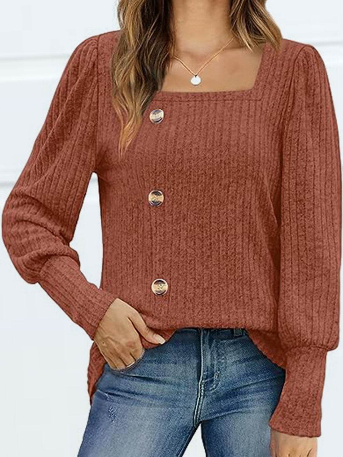 Decorative Button Square Neck Top Red Orange Trendsi 64e6155da776481e95be82f4b4caf256-Max