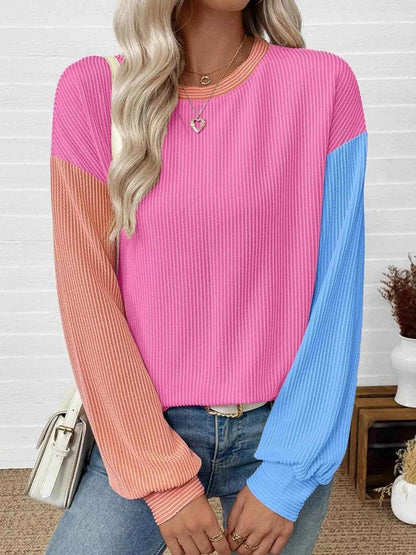 Color Block Ribbed Long Sleeve T-Shirt Hot pink Blue Trendsi 64ec2ed0-0c1b-4754-93dc-e9e9bf75c477-Max-Origin