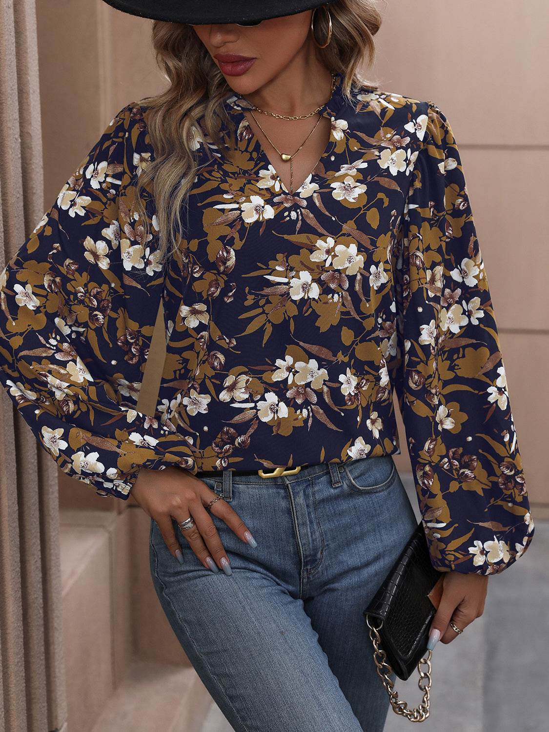 Perfee Floral Notched Balloon Sleeve Blouse Trendsi 653a017aca274cf3b0a4c0d0af3bcbe0-Max