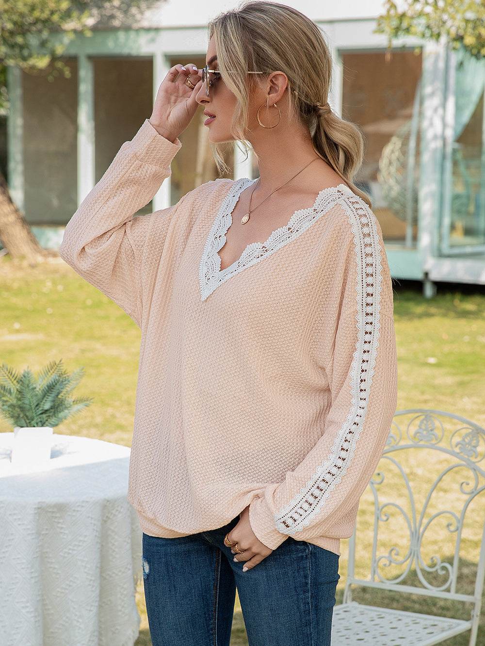 Ivy Lane Contrast Spliced Lace V-Neck Top Apricot Trendsi 653b3faf0bfa4a5299c6036d6d193d2c-Max