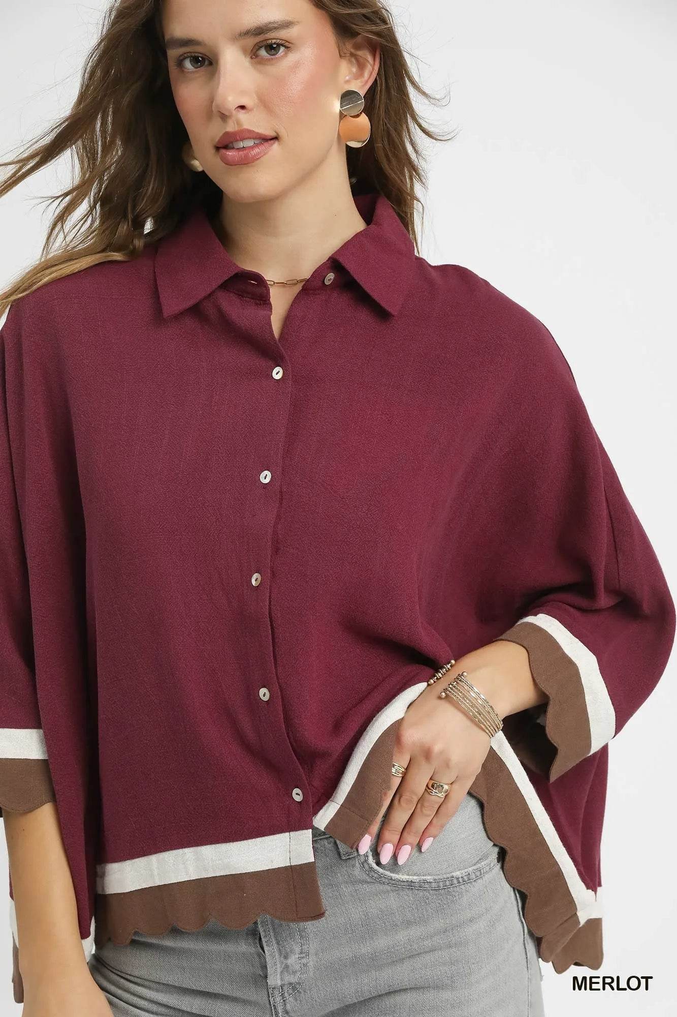 Umgee Colorblock Button-Down Shirt with Scallop Hem Trendsi 654ba569-7bd5-47e5-8909-9adf4ee1a909-Max-Origin