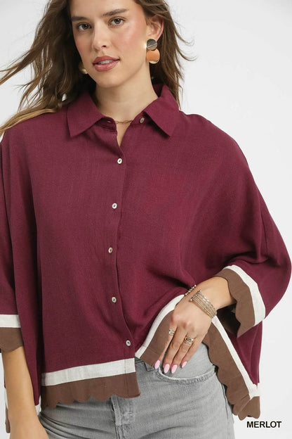 Umgee Colorblock Button-Down Shirt with Scallop Hem Trendsi 654ba569-7bd5-47e5-8909-9adf4ee1a909-Max-Origin