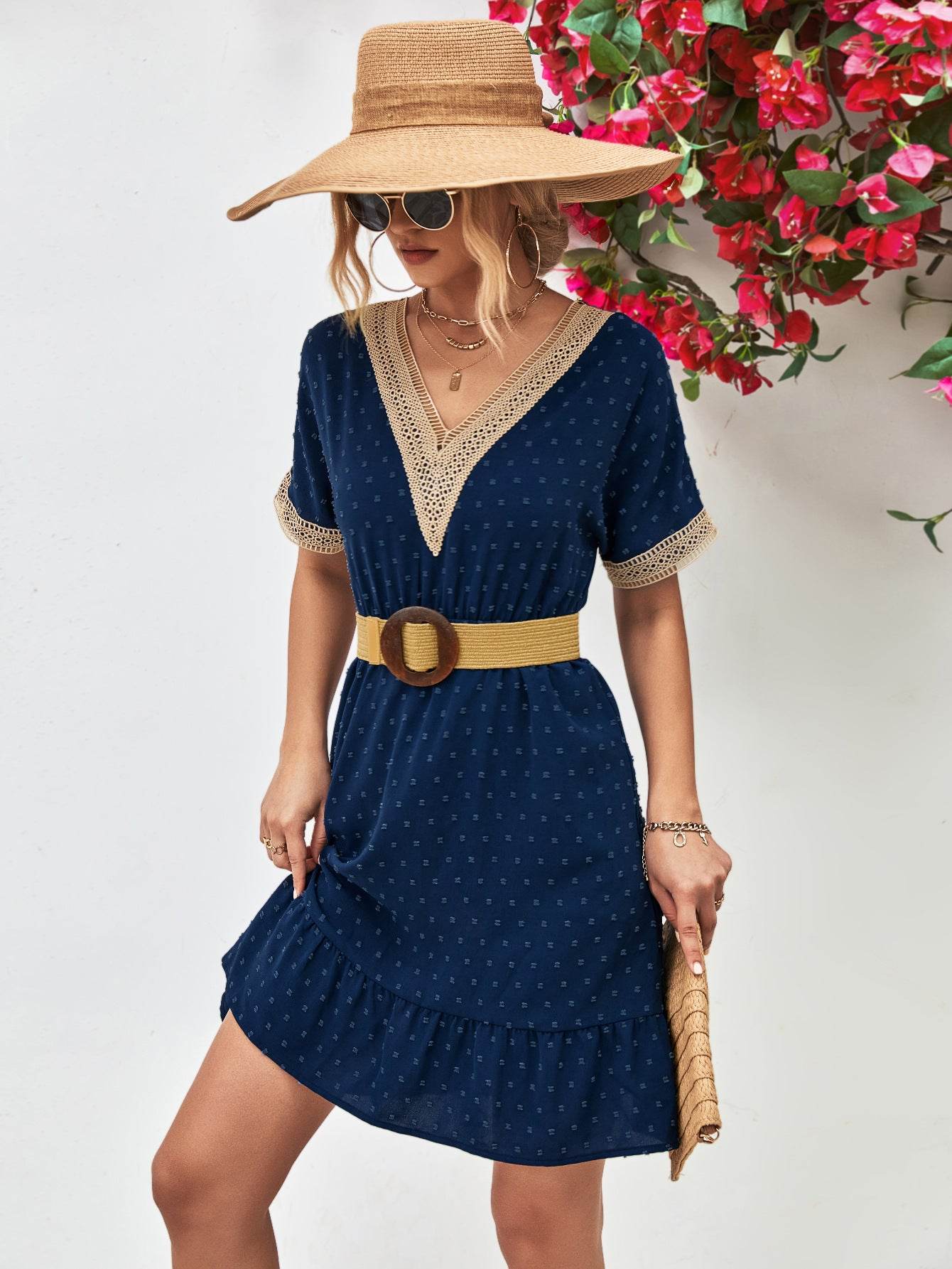Contrast V-Neck Short Sleeve Mini Dress Dark Blue Trendsi 6555bbfbd2134103882fcde61b292327-Max