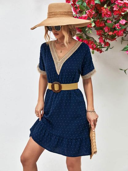 Contrast V-Neck Short Sleeve Mini Dress Dark Blue Trendsi 6555bbfbd2134103882fcde61b292327-Max