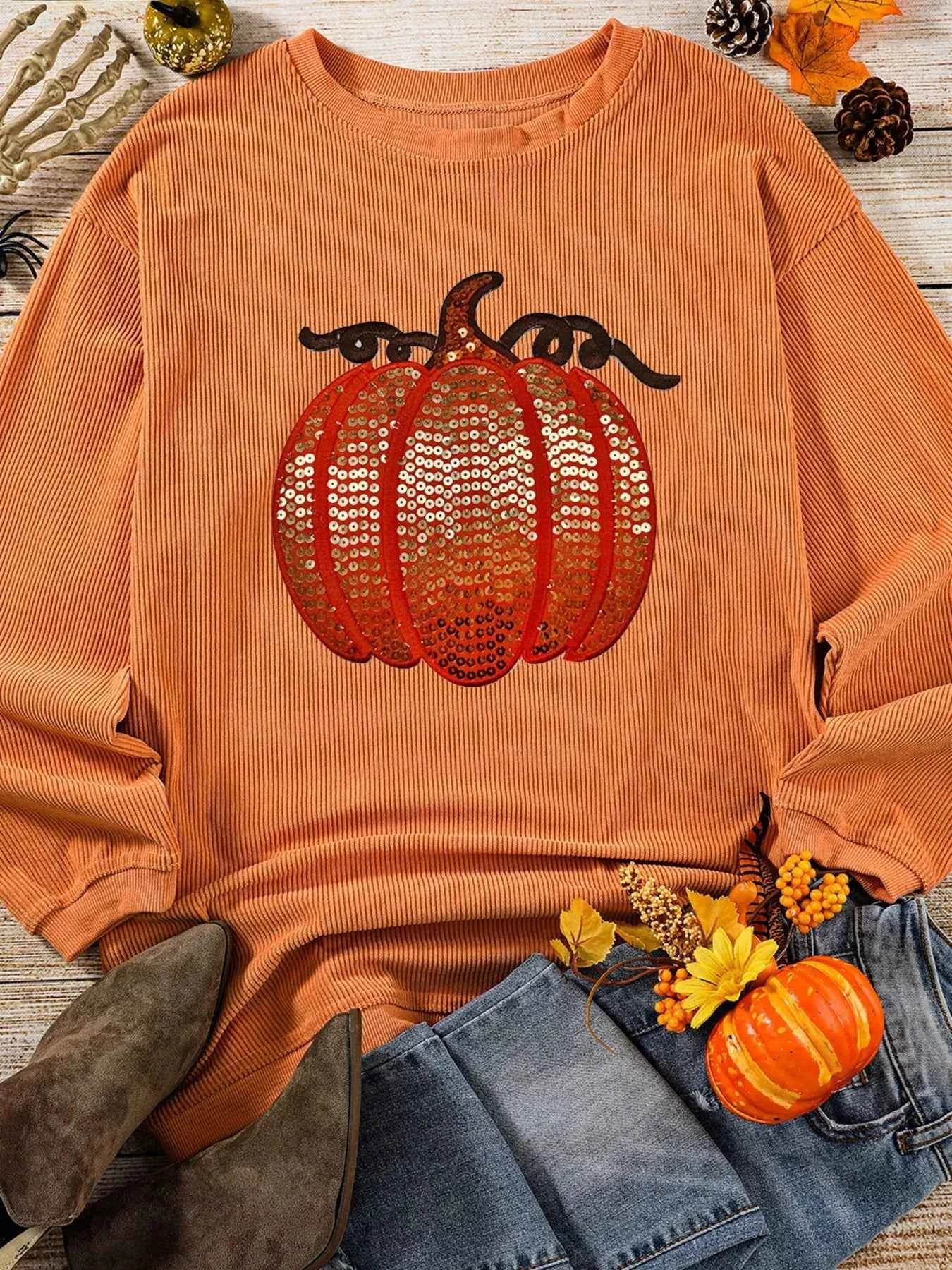 Halloween Sequined Pumpkin Ribbed Round Neck Sweatshirt Trendsi 656e5ec2440b48f9849b66304e330bb4-Max-Origin