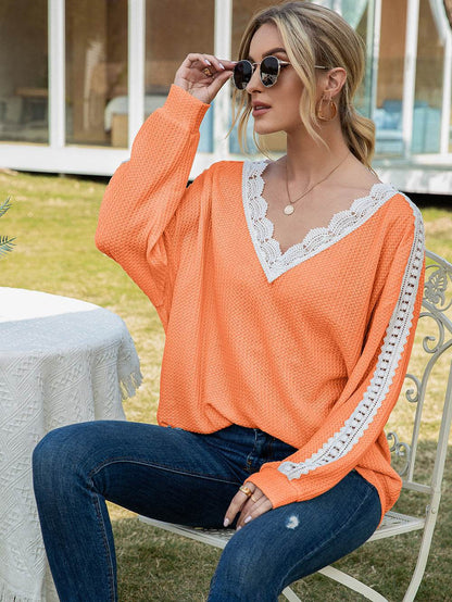 Ivy Lane Contrast Spliced Lace V-Neck Top Orange Trendsi 65809f95104c4937ac44258fa62bd3f3-Max