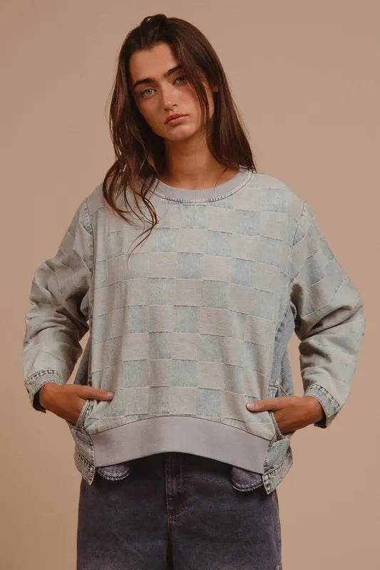 BiBi Mineral Washed Checkered Round Neck Denim Top DENIM Trendsi 65b69968-cd98-4229-a65b-615576b93488-Max
