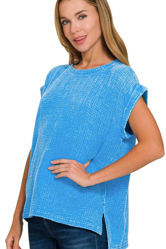 Zenana Woven Double Gauze Acid Washed Short Sleeve Top DEEP SKY Trendsi 65b9e639-eea0-4d37-8095-f38f841e6ad9-Max-Origin