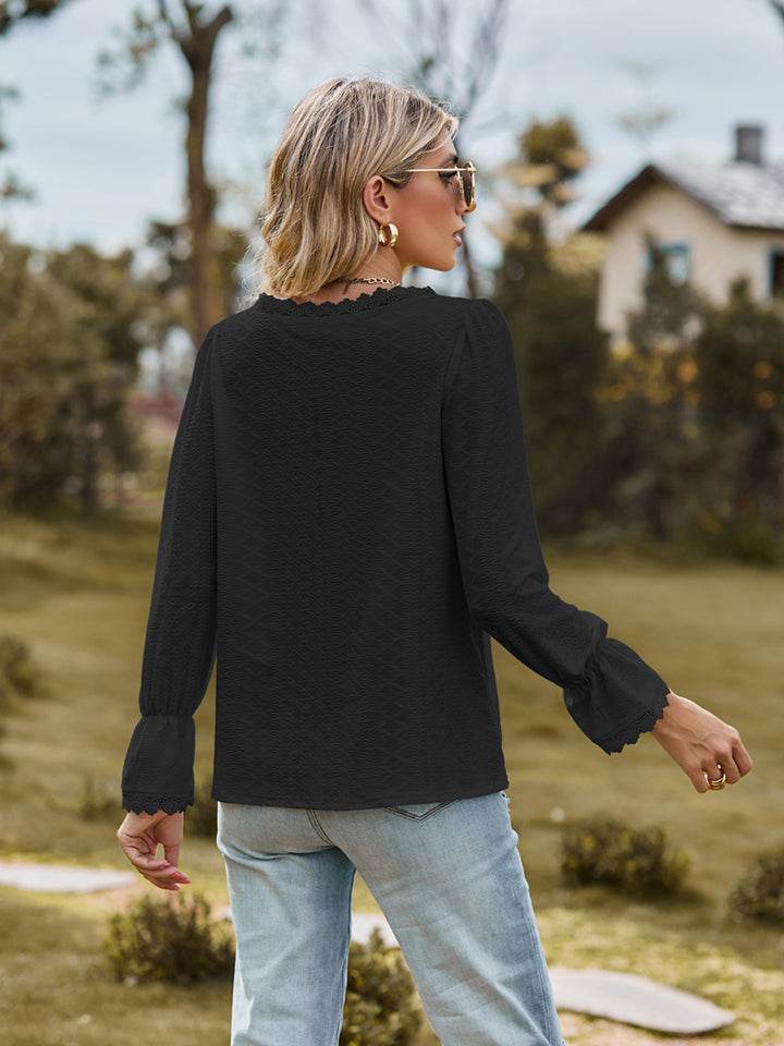 V-Neck Flounce Sleeve Blouse Trendsi 65ce438d7d7b438ea277c19cbdb46541-Max