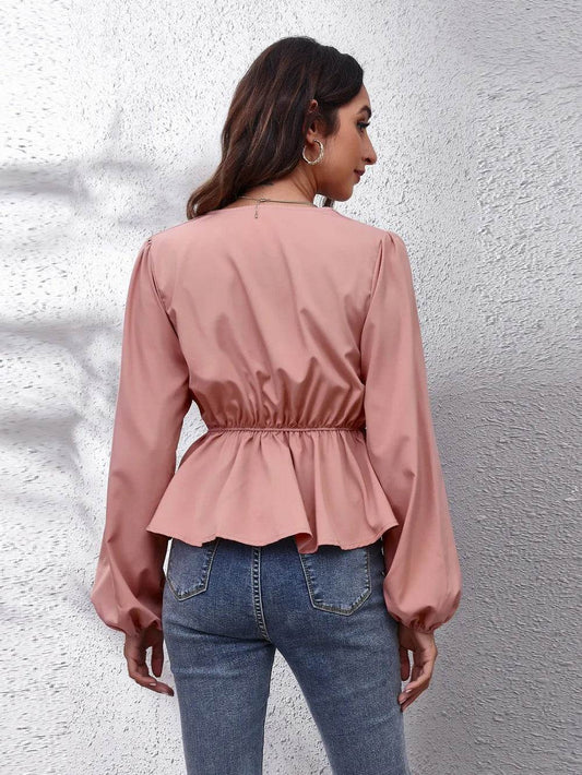 V-Neck Balloon Sleeve Peplum Blouse Trendsi 65efd402766740309aa7fb94dad6c73a-Max