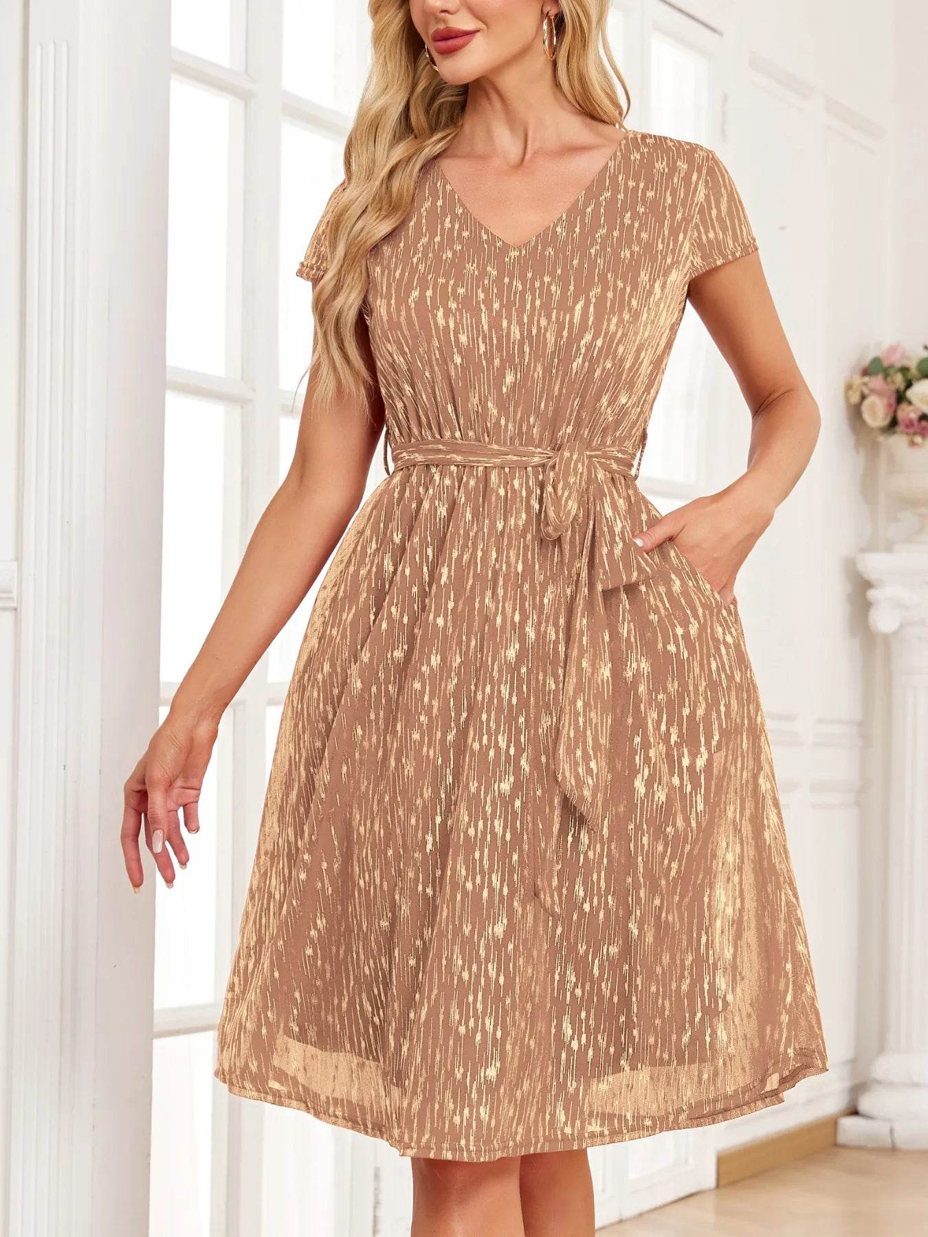V-Neck Metallic Print Dress Tan Trendsi 663bcea4-221f-48b4-8819-a6e11e977823-Max-Origin