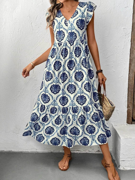 Printed V-Neck Cap Sleeve Dress Dark Blue Trendsi 663fed34-2558-4c21-998a-bf9ae7fa1565-Max-Origin