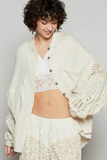 POL Openwork Lantern Sleeve Button Down Gauze Shirt Natural Trendsi 666f6733-0d48-4107-9752-240155ccb33c-Max