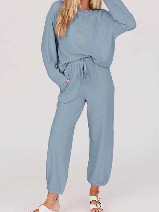 Ribbed Round Neck Sweatshirt and Drawstring Pants Set Trendsi 668dffd7905d48e9aafa0f450ab52c5e-Max-Origin