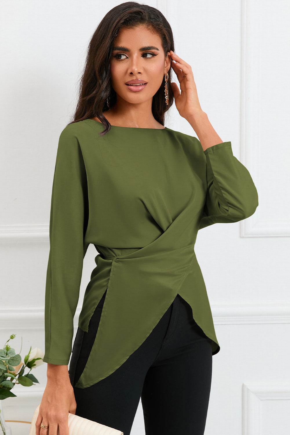 Boat Neck Back Tie Long Sleeve Satin Blouse Matcha Green Trendsi 669723f769e647a3866892934e0e1a55-Max
