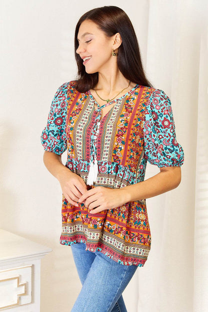 Devine Bohemian Tassel Tie Puff Sleeve Babydoll Blouse Trendsi 669c12bdfd8a466a9e3981d9ec5844d1-Max