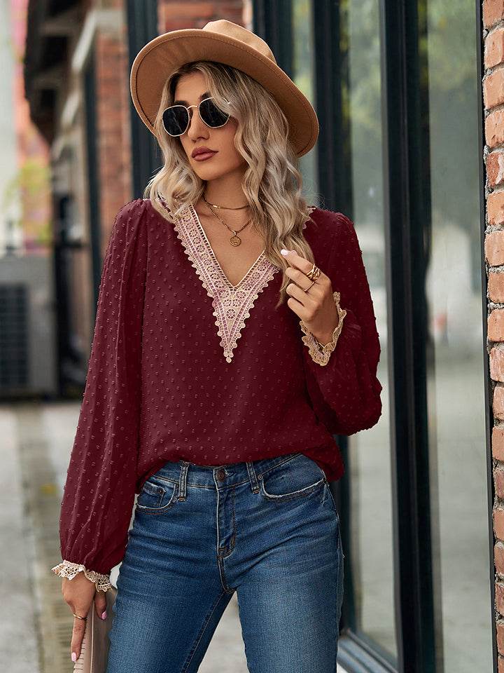 Swiss Dot V-Neck Long Sleeve Blouse Trendsi 66bfaf9a31374ded8d7b20eeebfadde5-Max