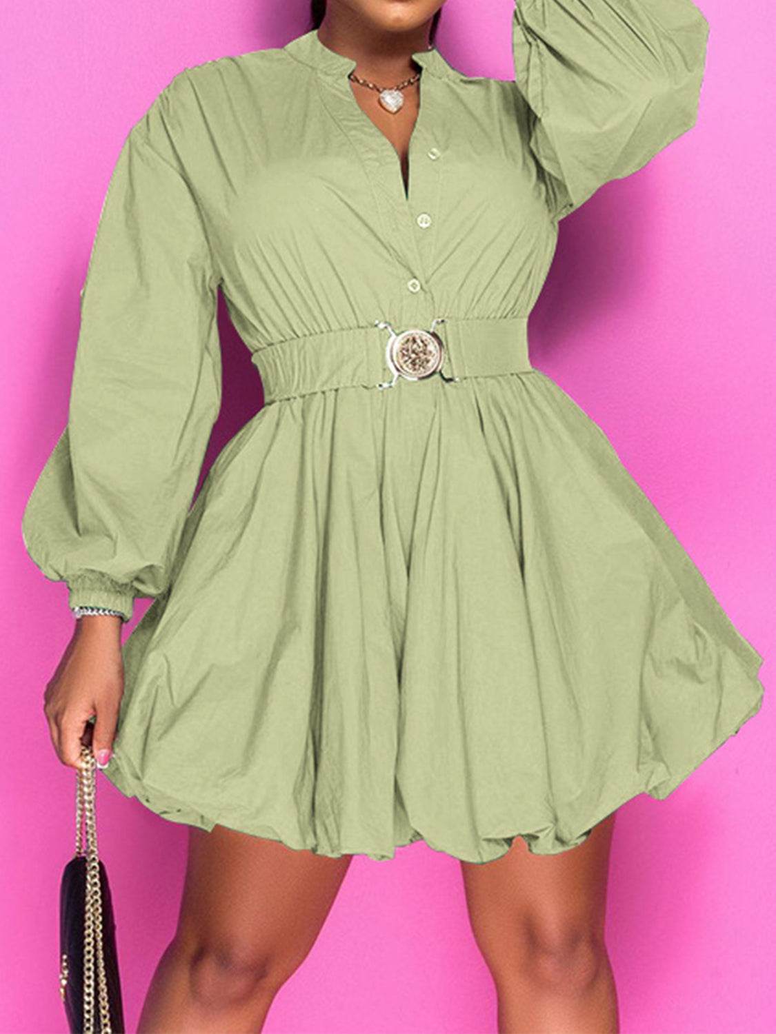 Notched Button Up Balloon Sleeves Dress Trendsi 66f823e2e4d24b5498f28ff1a456f046-Max