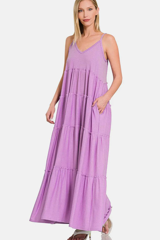 Zenana Frill Tiered V-Neck Maxi Cami Dress Trendsi 66fc6fe1-fb85-4068-b0ea-17411fac486f-Max
