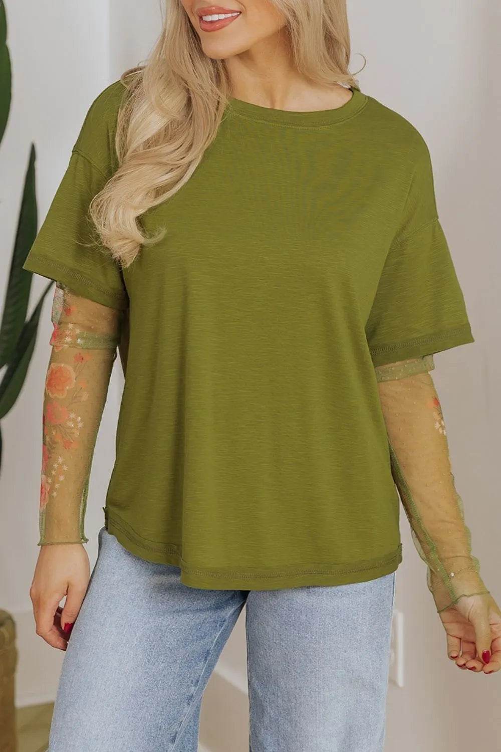 Round Neck Mesh Long Sleeve T-Shirt Matcha Green Trendsi 6702079c-85f6-4eaf-b6c7-a9d6081a0ece-Max-Origin