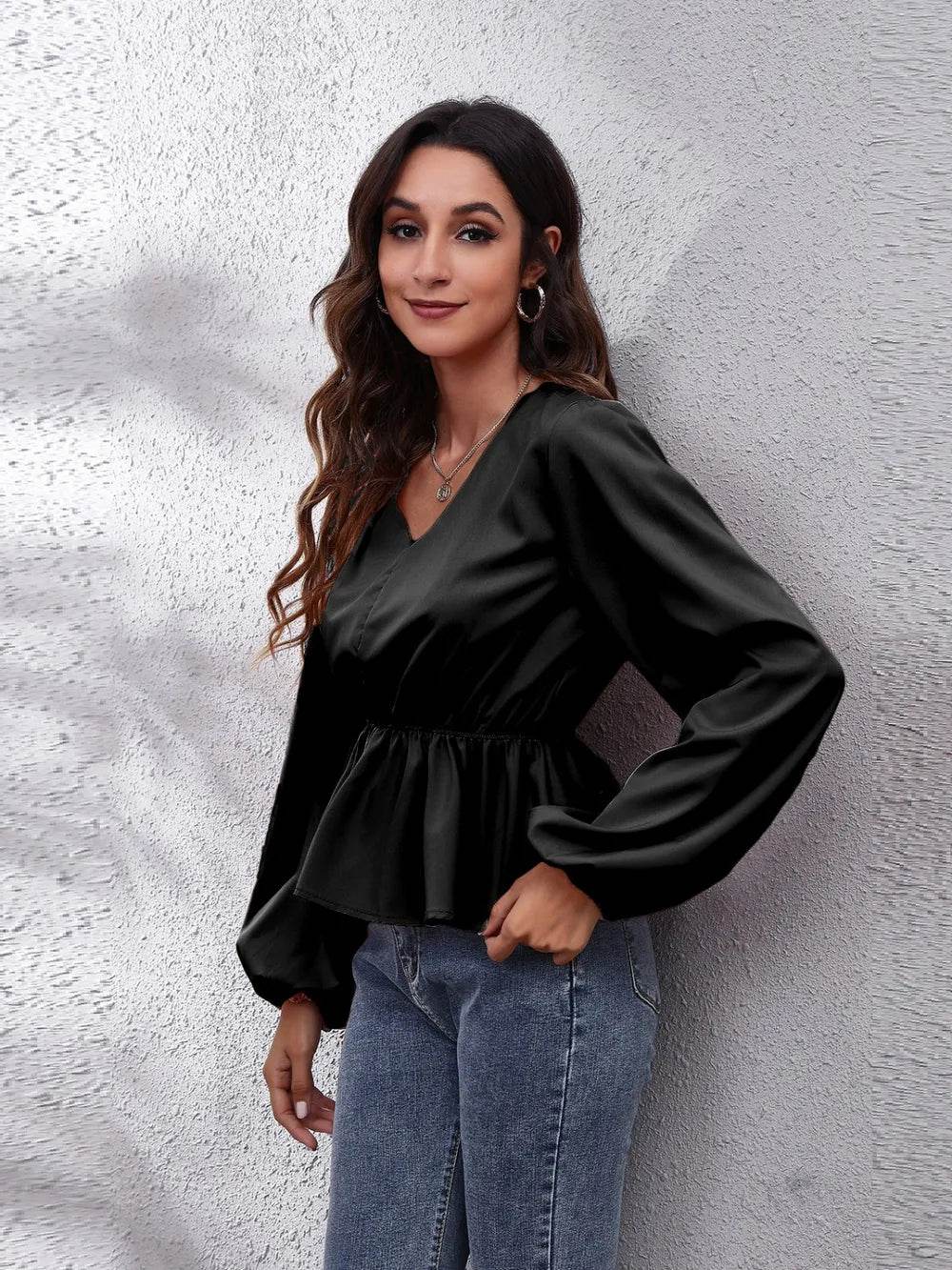 V-Neck Balloon Sleeve Peplum Blouse Trendsi 6716c8820d7944928e4b0eb3058d31e9-Max