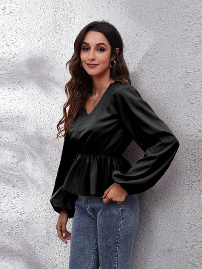 V-Neck Balloon Sleeve Peplum Blouse Trendsi 6716c8820d7944928e4b0eb3058d31e9-Max