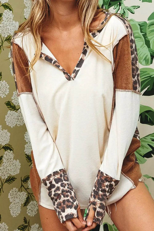 Leopard V-Neck Dropped Shoulder Blouse White Trendsi 6726958567234582b95939677c023fe0-Max