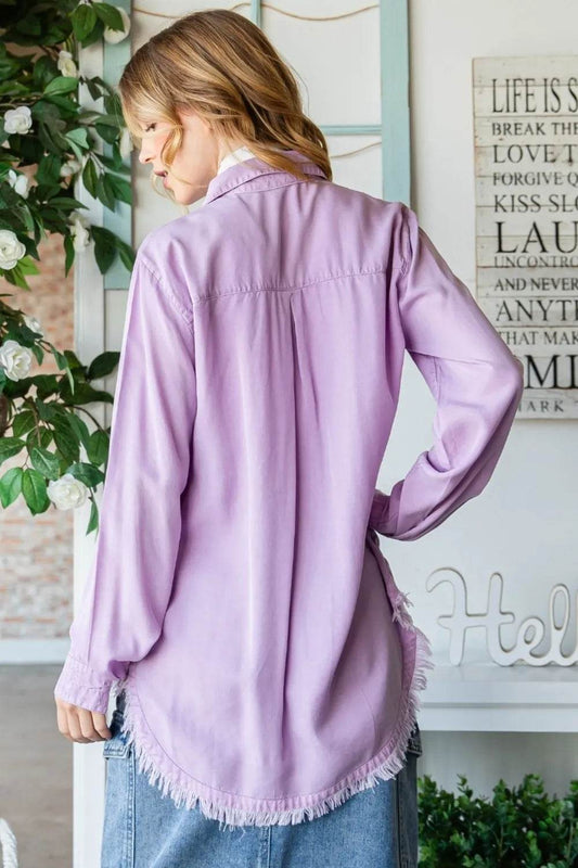 Veveret Raw Hem Button Up Long Sleeve Shirt Trendsi 6727ebc3-703e-4d34-8454-29341b05dc35-Max