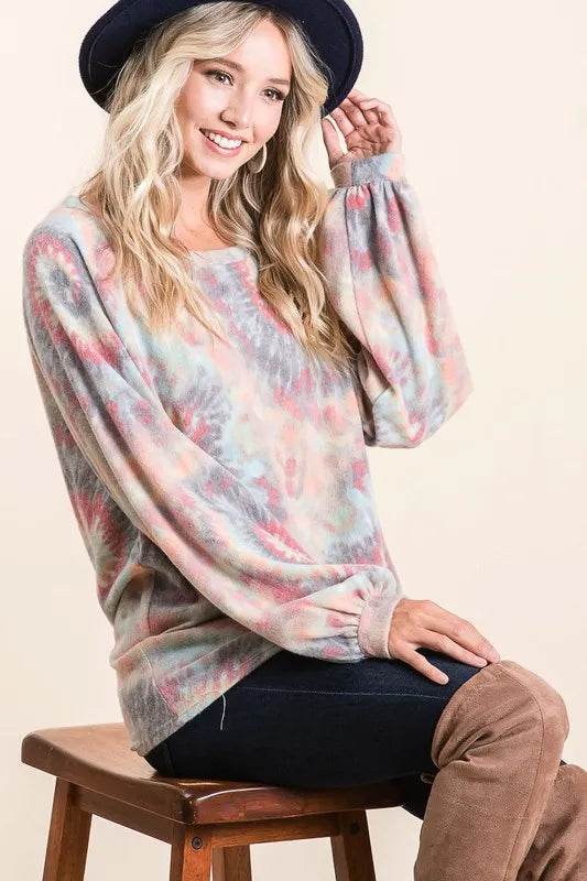 BiBi Brushed Tie Dye Print Top with Puff Sleeves TIE DYE Trendsi 67492ec1a27849f2984d99621ed045d6-Max-Origin