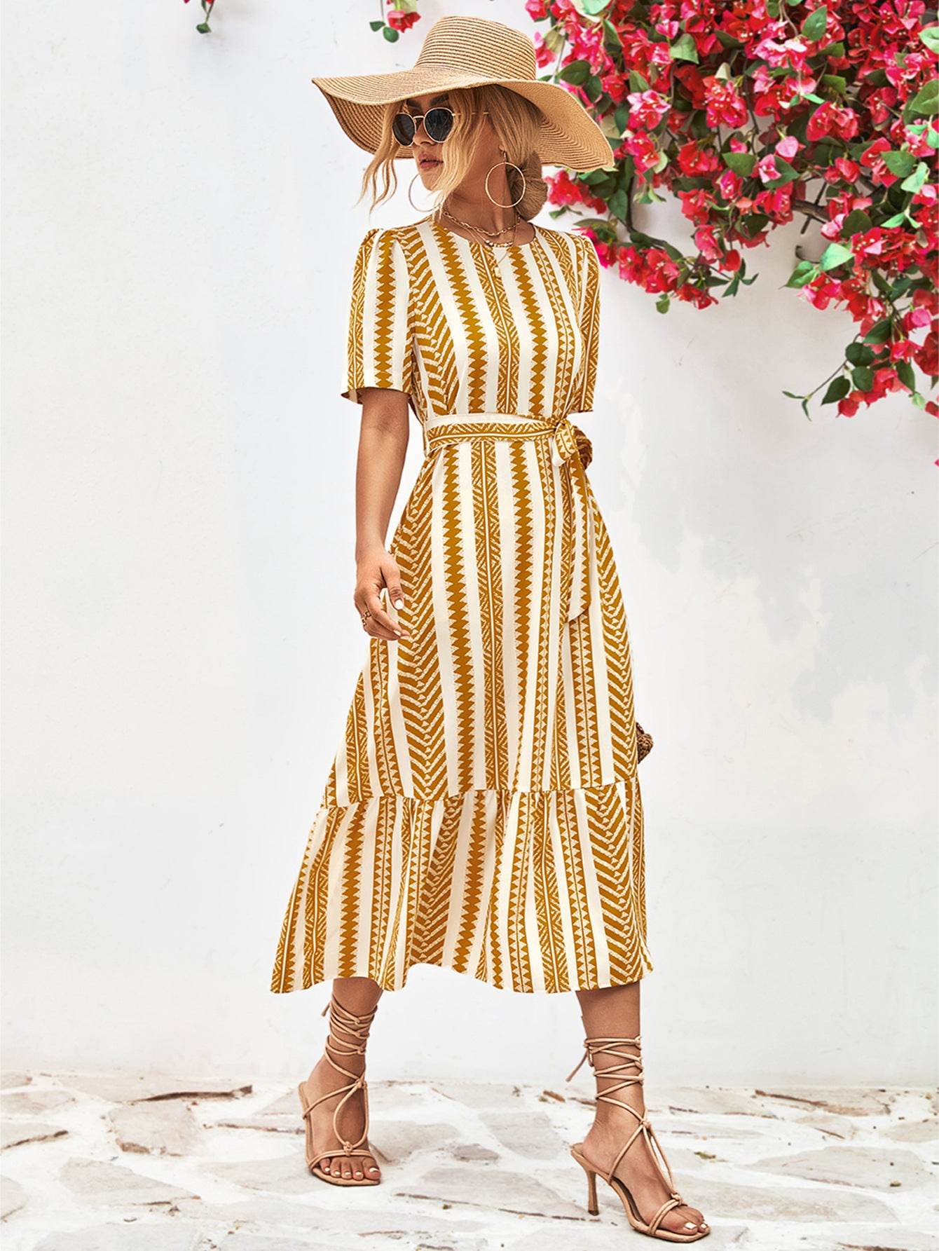 Striped Tie Belt Round Neck Puff Sleeve Dress Trendsi 674c28ac017240cba8927fe5a5194832-Max