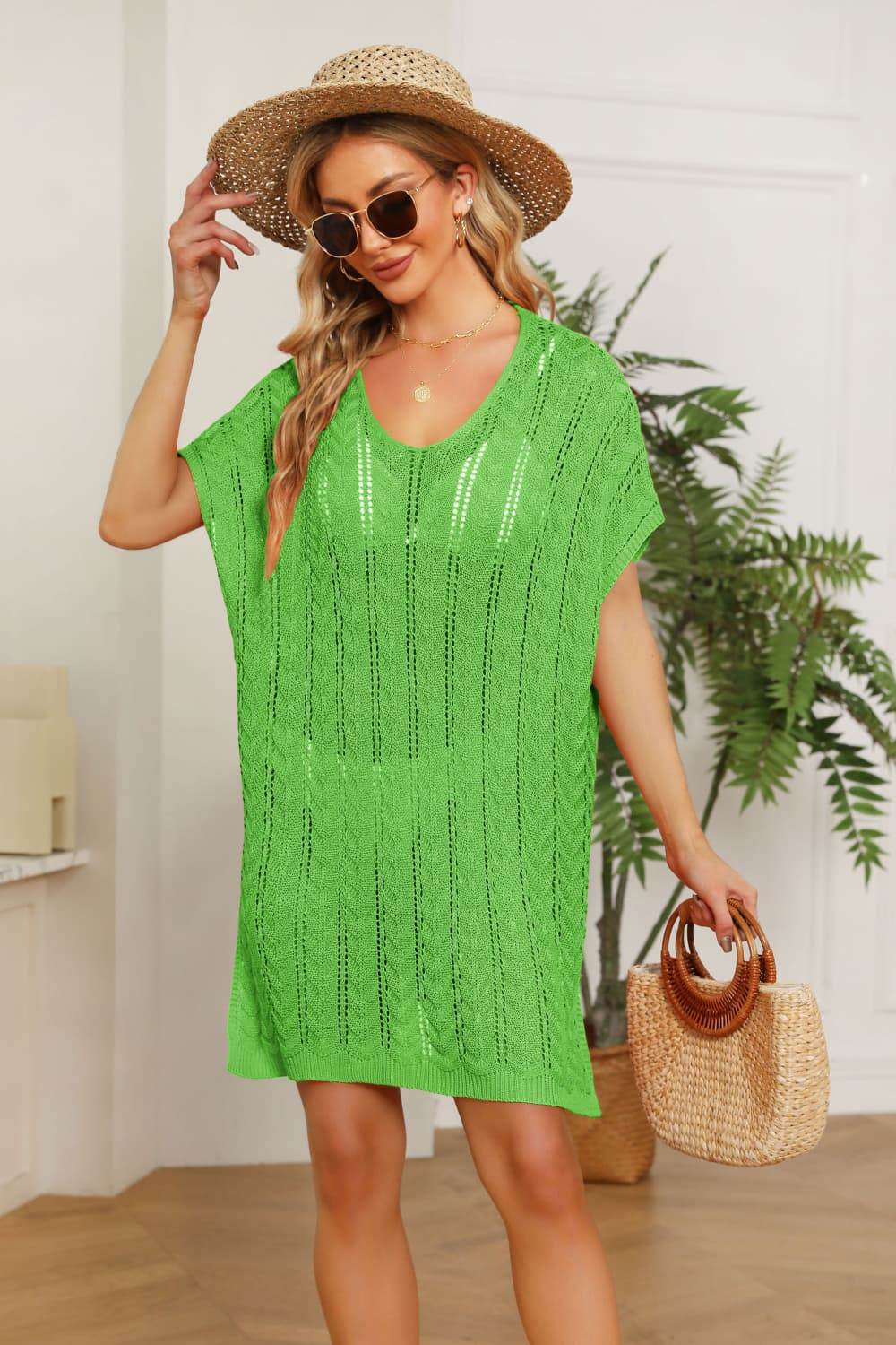Openwork Side Slit Knit Dress Green One Size Trendsi 6767f7d6b65143dd8412082f13555f9b-Max