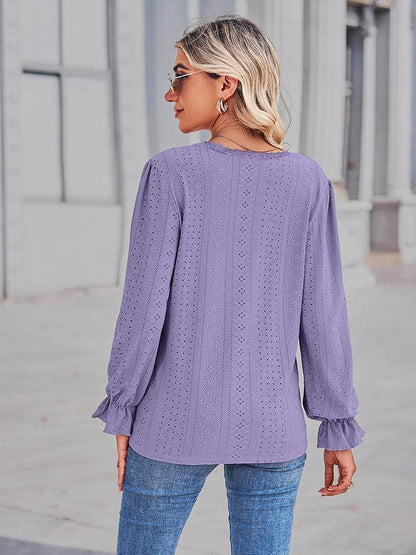 Eyelet V-Neck Flounce Sleeve Blouse Trendsi 677e33257d9a45018bbe929dba77234a-Max