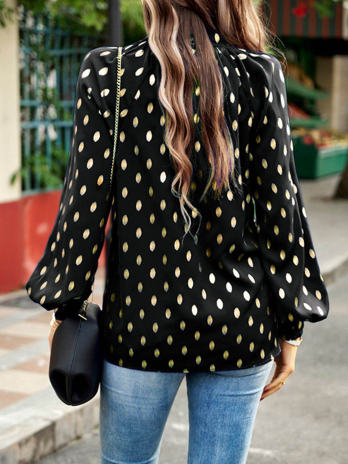 Devine Mock Neck Cutout Lantern Sleeve Blouse Trendsi 678d302eb9fa4140b0f4cfc9acd781a0-Max