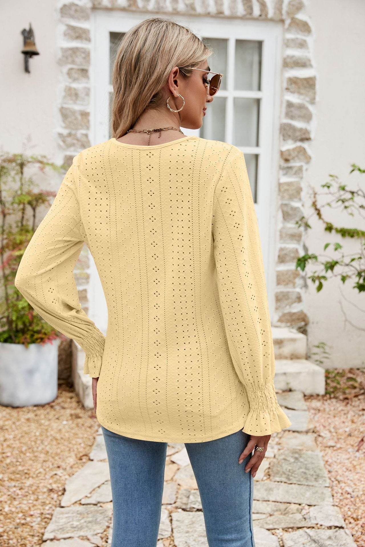 Eyelet Flounce Sleeve V-Neck Blouse Trendsi 67b1b8dd4b6841119d6c749b4a094daf-Max