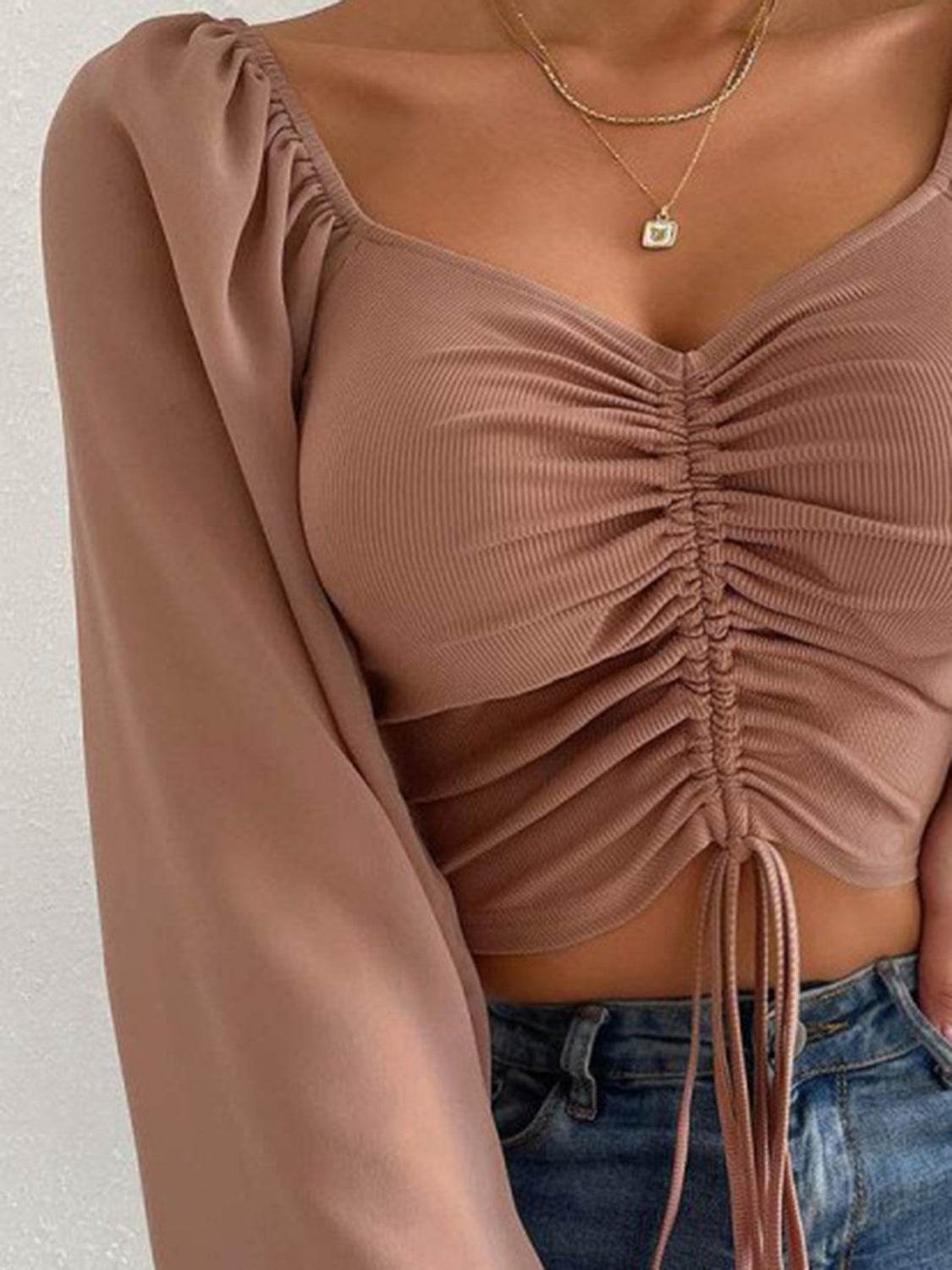 Drawstring Sweetheart Neck Cropped Top Trendsi 67b75dce264a454d80ec700bdfd22a33-Max