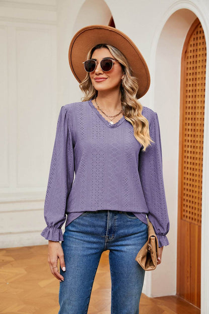 V-Neck Flounce Sleeve Blouse Trendsi 67e3d720549b4dc69cb992d1488b6ae2-Max