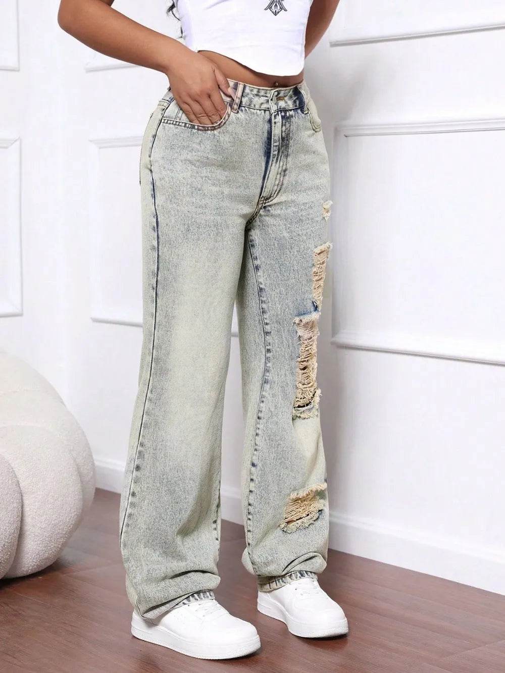 Distressed High Waist Jeans Trendsi 67e88e0e-6e04-4d06-9bf8-7754c59c959c-Max